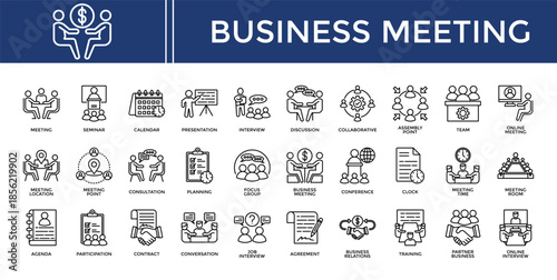 Business Meeting icon set collection. Containing partner, interview, program, seminar, audience, planning, conference .Line vector icons collection