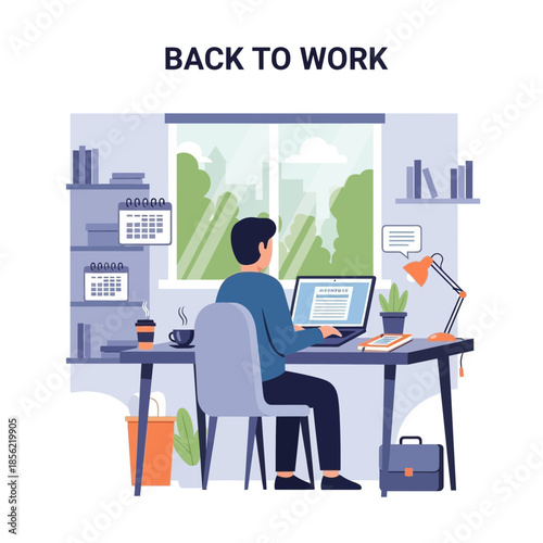 Man working on laptop at desk with coffee, calendar, and city view outside window