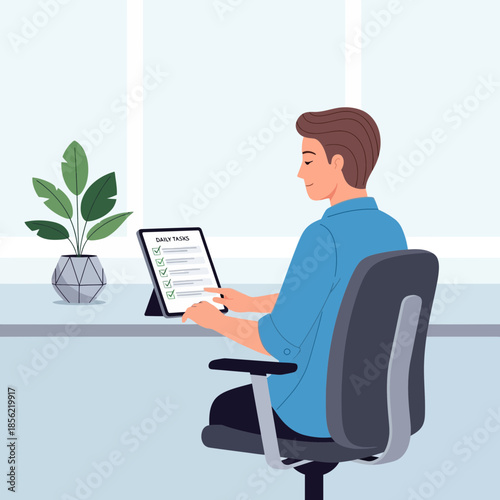 Man using tablet with daily tasks checklist, productive work at desk with plant