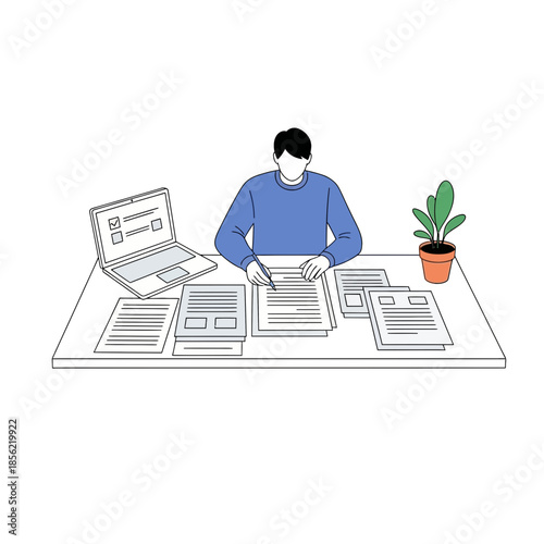 Man working at desk with laptop, papers, and plant - illustration