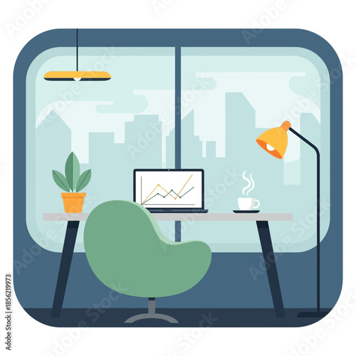 Modern Home Office Desk with Laptop and City View