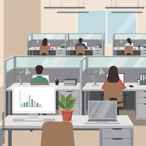 Modern Office Cubicles with Employees Working on Computers, Business Environment