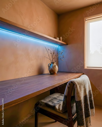 Minimalist cozy home office with wooden desk, chair and plaid blanket, ceramic vase and LED strip light in warm natural sunlight, Clay colour