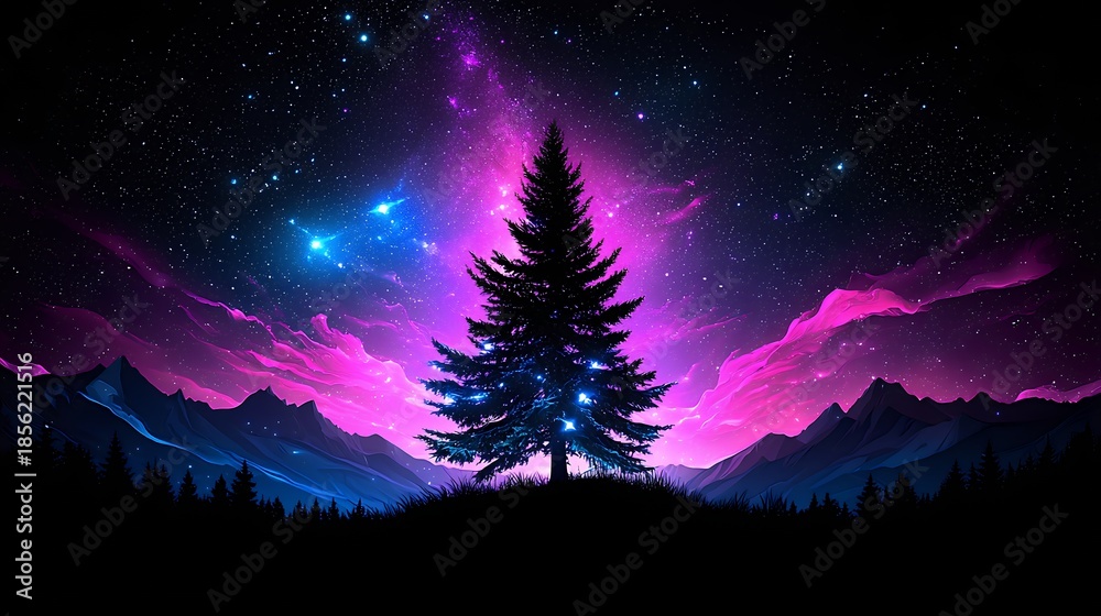 Naklejka premium Tall Pine Tree Silhouette Against Vibrant Starry Night and Nebula Pixel Art