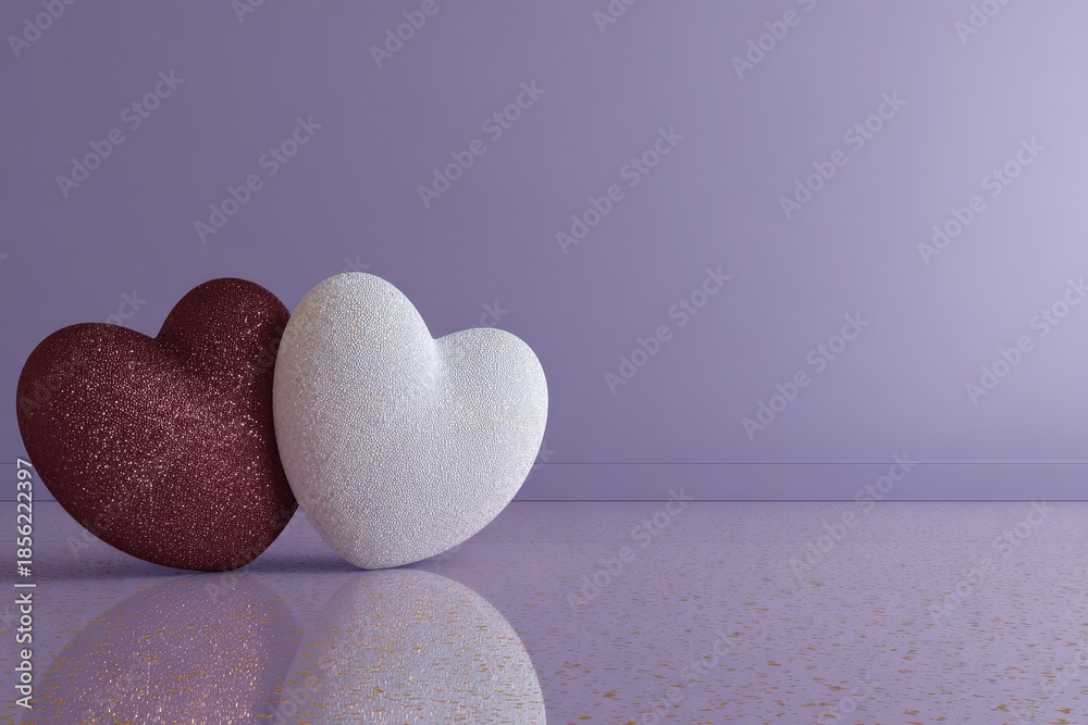 Obraz premium Two decorative hearts, one maroon glitter and one white textured, resting against a pale violet wall