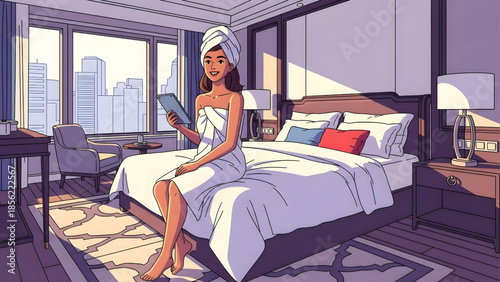 Smiling woman in towel sitting on hotel bed using digital tablet with city view flat vector illustration