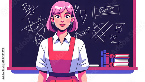 Portrait of smiling female teacher with pink hair standing in front of chalkboard flat vector illustration