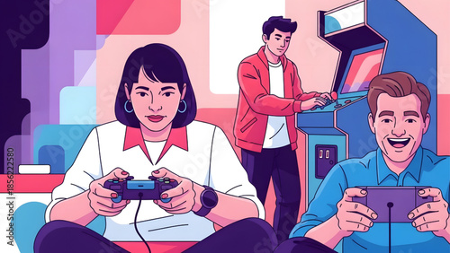 Group of diverse young friends playing video games and arcade machines flat vector illustration