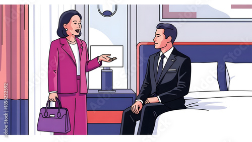 Professional business woman in pink suit talking to businessman sitting on hotel bed vector illustration
