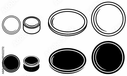 side and top view of button cell, watch battery, or coin battery icon set in outline and silhouette.isolated on white background