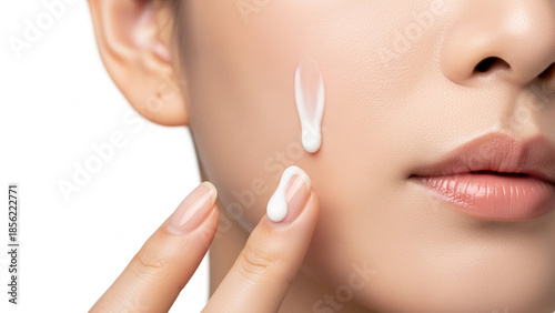 Close-up of a woman applying moisturizing cream to her face for a healthy glow