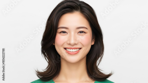 A young, cheerful Asian woman with a bright smile, showcasing healthy skin and medium-length styled brown hair against a clean white background