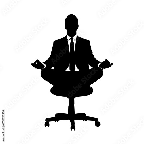 Calm Businessman Meditating on Office Chair Silhouette Vector.