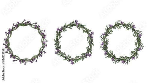 Set of three decorative floral wreaths made from green leaves and purple lavender blooms in varying sizes on a white studio background