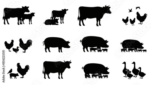 Collection of farm animal silhouettes featuring cows and poultry against a white background for agricultural design, livestock branding, and farm-themed artwork.