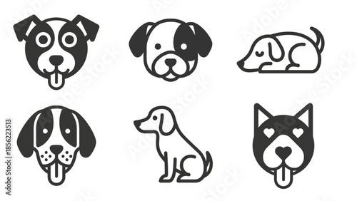 Six black-and-white dog icons set with playful faces, a sleeping pose, and a sitting silhouette for branding, apps, and UI design