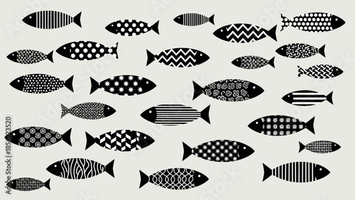 Decorative pattern of grayscale fish silhouettes for nautical design, marine decor, and aquatic-themed artwork