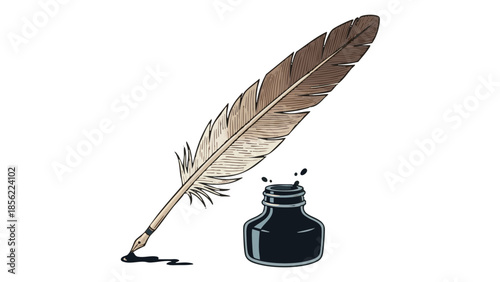 Vintage quill pen and ink bottle on white background celebrating George Washington's Birthday  