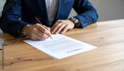 Professional Man Signing Important Contract Document at Wooden Desk.