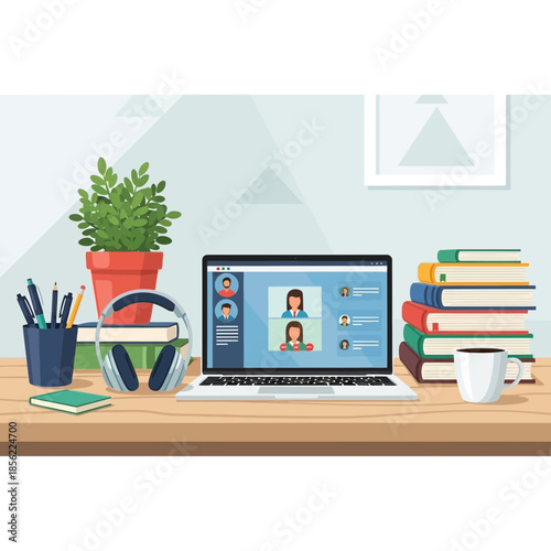 Online learning and remote work setup with laptop, books, headphones, and plant.