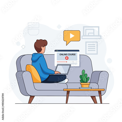 Young man learning online course on laptop while sitting on sofa at home, e-learning concept.