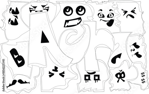 Collection of black and white graffiti doodle characters with faces.