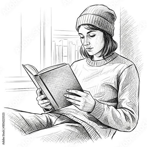 Young woman wearing beanie reading book in cozy indoor setting, pencil sketch style