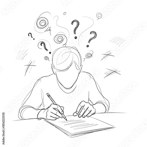 Person writing with question marks and doodles above head, concept of thinking, confusion, or writer's block.