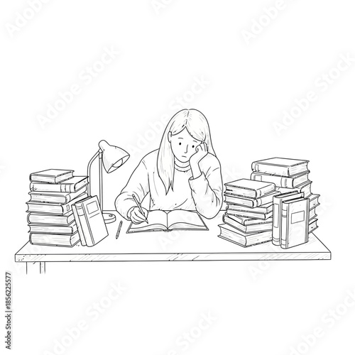 Student studying hard at desk with piles of books and lamp, hand-drawn illustration