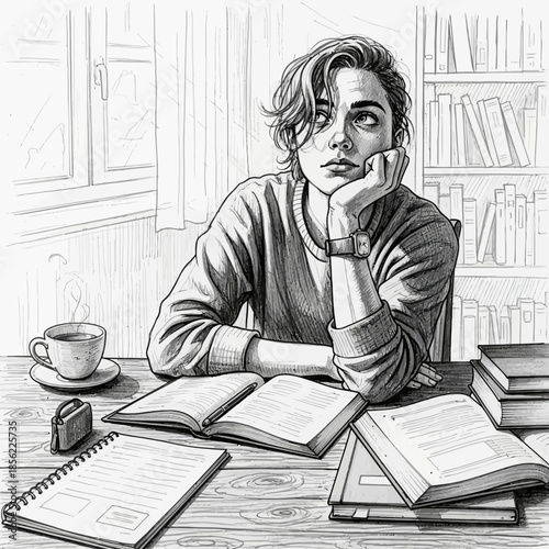 Young person with hand on chin, lost in thought amidst books and coffee, sketch style