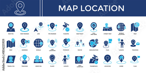 Map location icon set collection. Containing atlas, geography, live, globe, graph, plan, chart .Solid vector icons collection