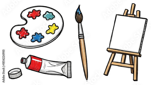 Art Supplies Collection Featuring Palette Paintbrush Tube and Easel.