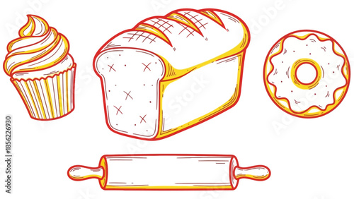 Assortment of baked goods and baking tools in a hand-drawn style.