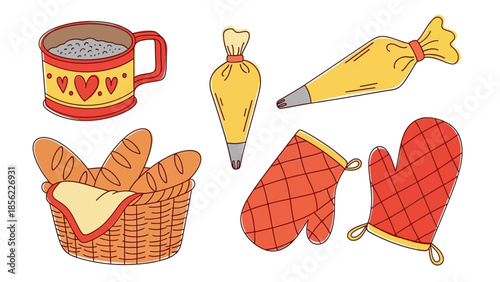 Assortment of baking essentials including bread, oven mitts, and piping bags.