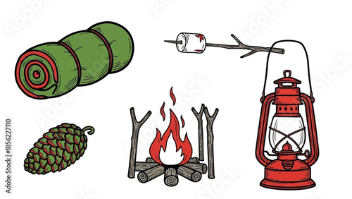 Camping essentials set with sleeping bag, campfire, lantern, marshmallow, and pinecone.