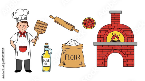 Chef with pizza oven and ingredients for making delicious homemade pizza.