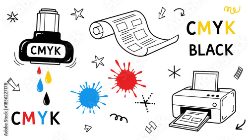 CMYK Printing Elements Doodle Set with Ink Cartridge Paper and Printer.