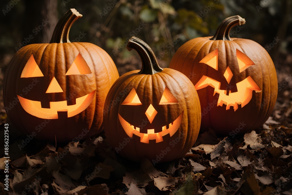 Fototapeta premium Three jack o'lanterns illuminate a pile of fall leaves