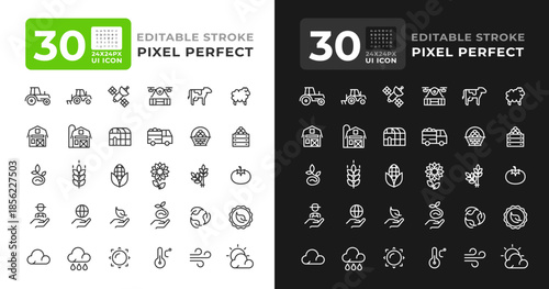 Harvest colorful line ui icons set for light and dark mode. Crops production. Natural food production. Vector outline symbols iconography. User interface elements linear, pixel perfect