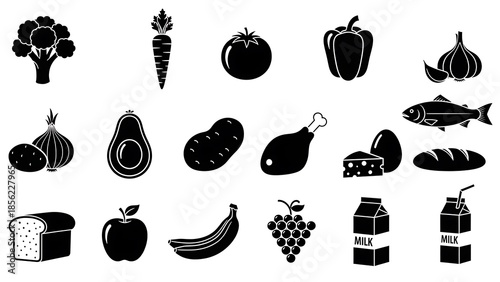 Assorted Food Icons in Black and White.