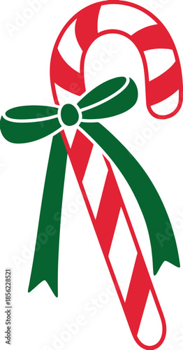 A simple vector illustration of a red and white
striped candy cane with a green bow at its base