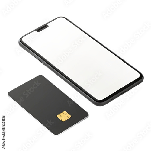 A black credit card with a gold chip next to a smartphone with a white screen on a white surface isolated on transparent background