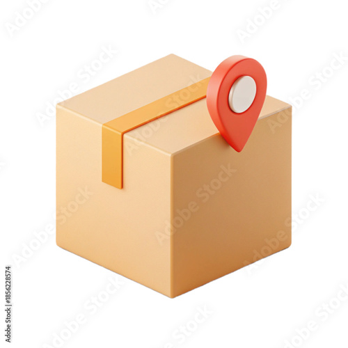 A 3d illustration of a cardboard box with a red location pin on top isolated on transparent background