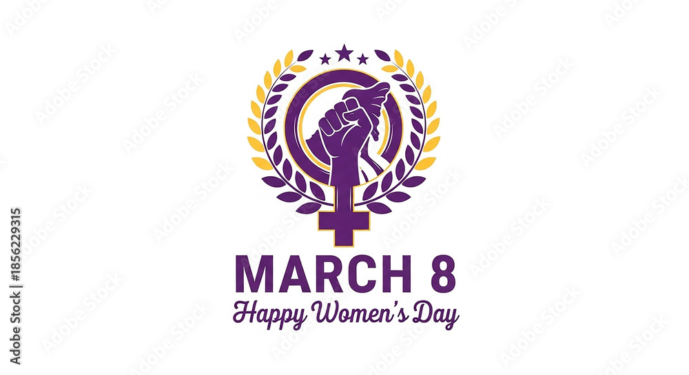 Obraz premium International Women's Day Graphic with Female Symbol, Fist, Laurel Wreath