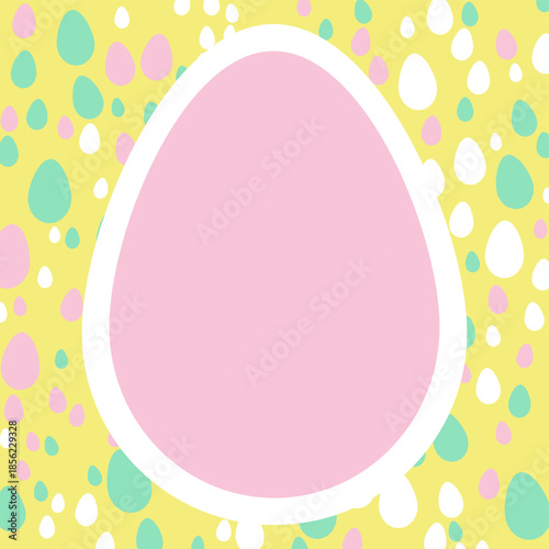 Easter greeting card template with a large pink egg-shaped copy space over a yellow background filled with colorful small eggs.