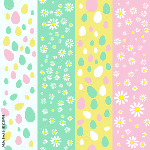 Colorful vertical banners featuring alternating patterns of daisies and Easter eggs in pastel pink, yellow, green, and white.