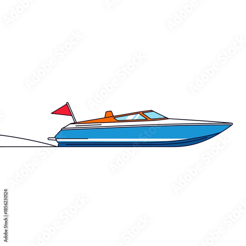 Blue speedboat illustration with red flag on white background.