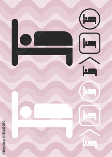 A minimalist black icon of a person sleeping in a bed. It includes three variations enclosed in a circle, a rounded square, and a simple house roof outline.