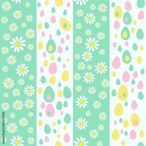 Vertical striped seamless background with alternating patterns of white daisies on green and colorful Easter eggs on white.
