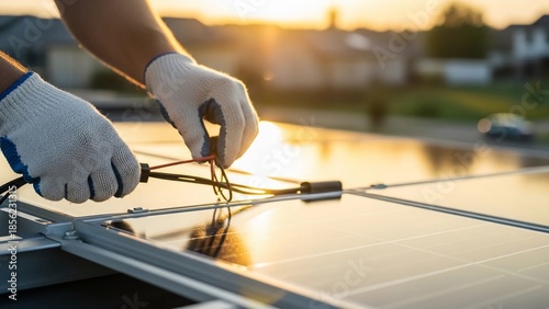 Professional Worker Installing Photovoltaic Solar System during Golden Hour